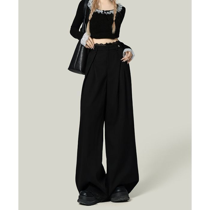 Pantaloni casual a gamba larga con cuciture in pizzo nero da donna