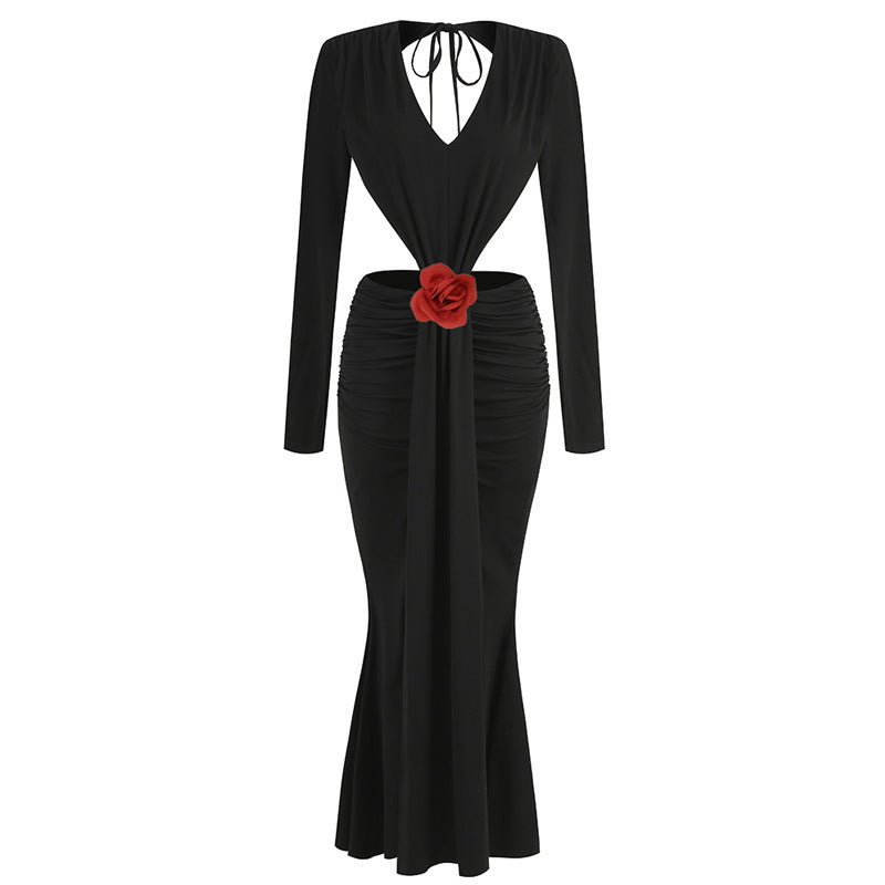 Sexy V-neck Backless Long Sleeves Skirt Waist Decorative Flower Split Fishtail Gown Dress Long - VAleG