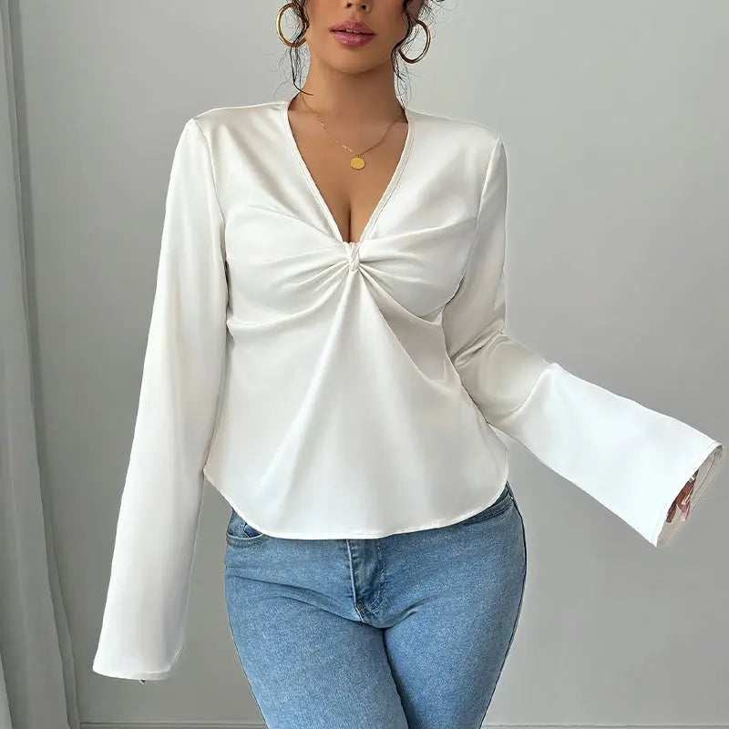 Elegante camicia da donna in tinta unita con scollo a V e maniche svasate - VAleG