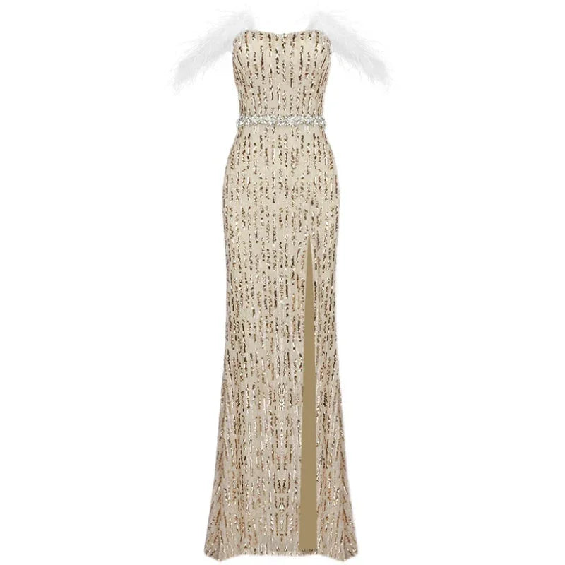 Feather Raglan Large Slit Sexy Fishtail Evening Dress - VAleG