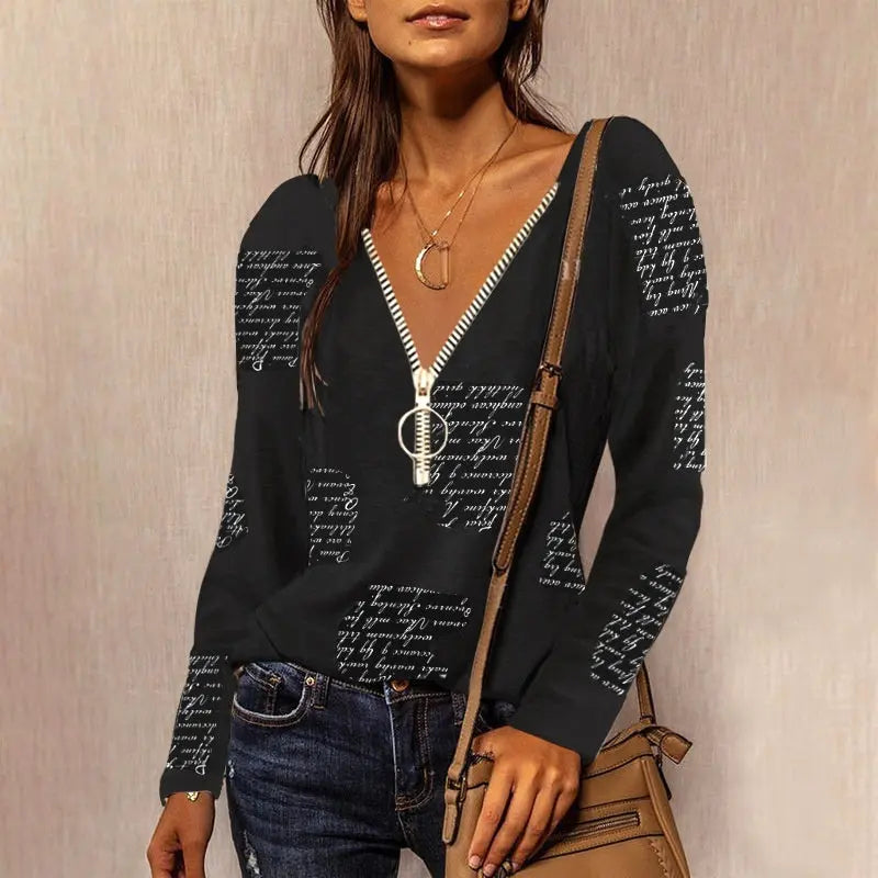 Top casual a maniche lunghe con stampa inglese e cerniera VAleG