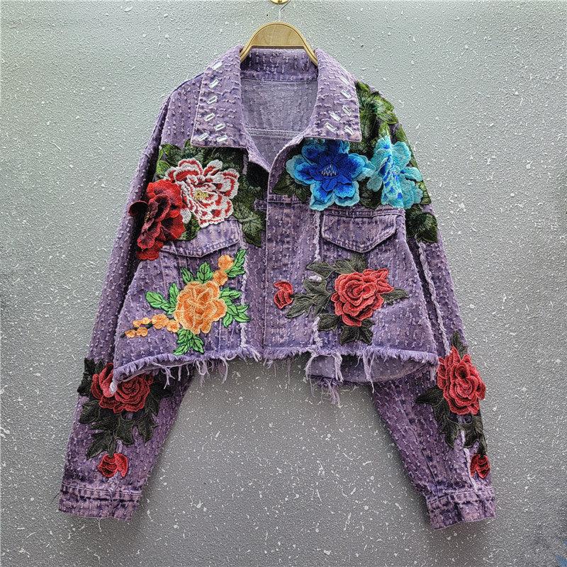 Design Sense Heavy Industry Three-dimensional Flower Short Frayed Hem Casual Denim Coat - VAleG