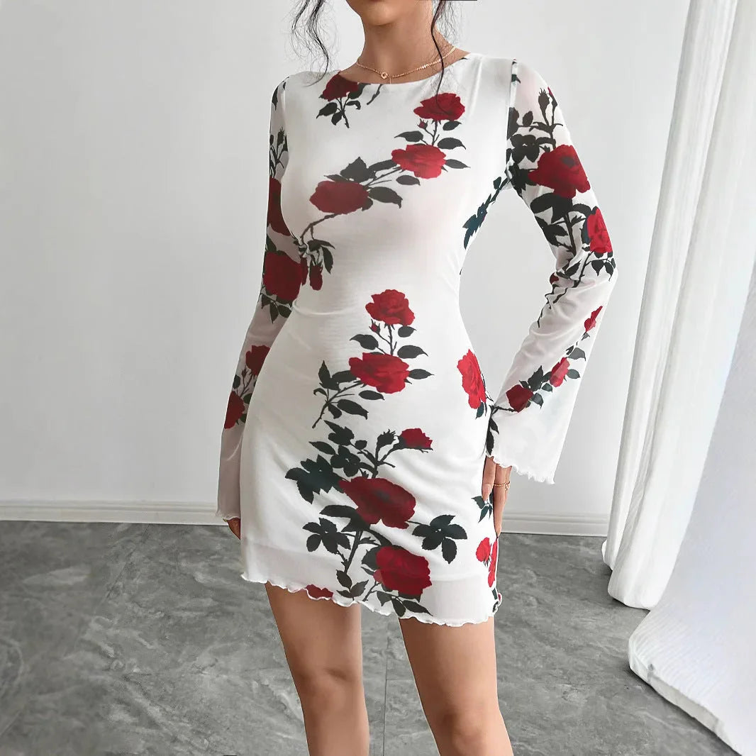 Sexy Floral Backless Gauzy Bell Sleeve Mini Dress - VAleG