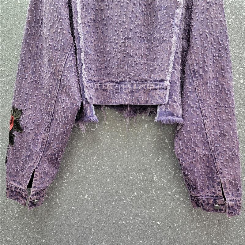 Design Sense Heavy Industry Three-dimensional Flower Short Frayed Hem Casual Denim Coat - VAleG