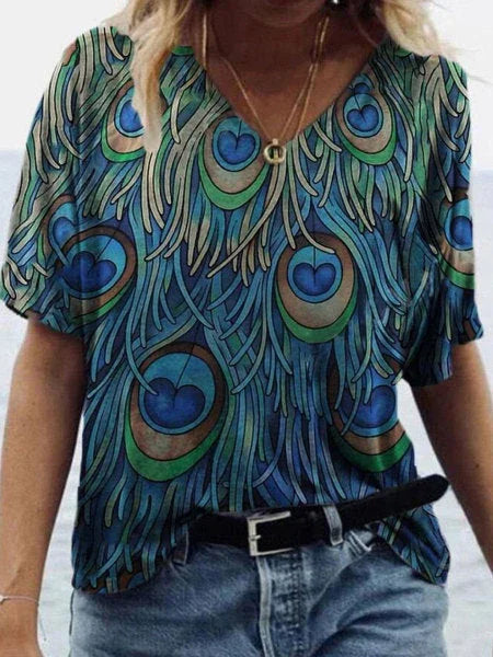 Oversized Loose V-neck Printed Short-sleeved T-shirt - VAleG