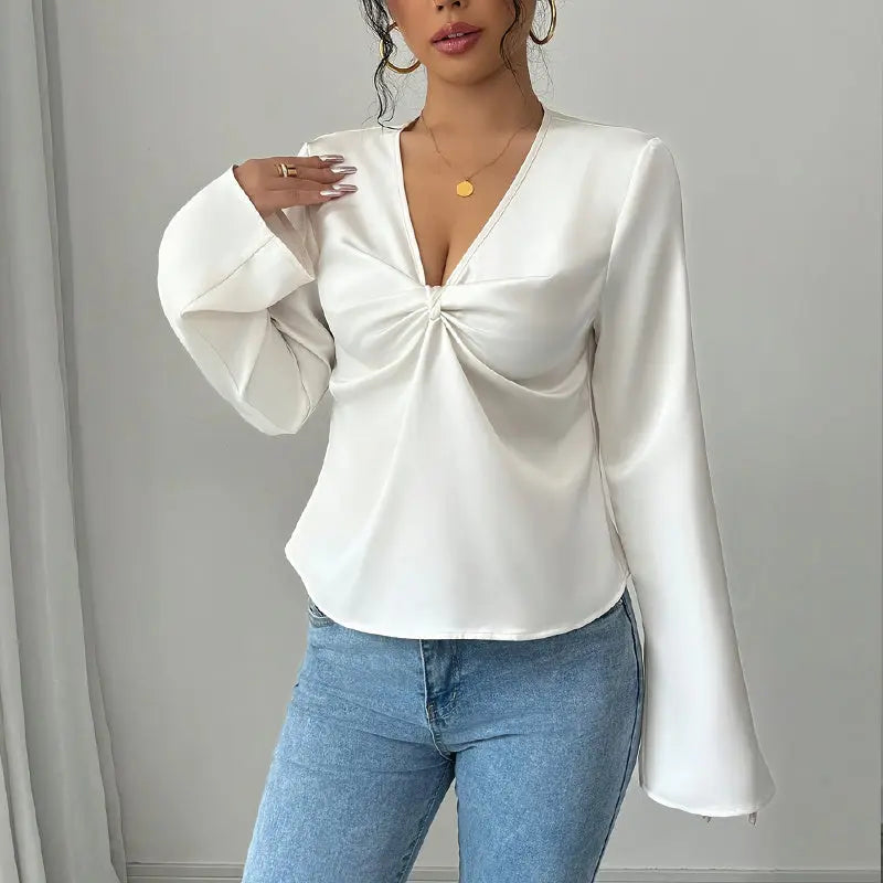 Elegante camicia da donna in tinta unita con scollo a V e maniche svasate - VAleG