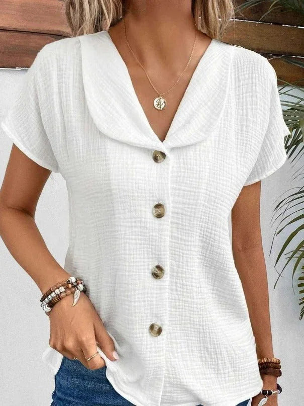 Summer Solid Color Fashion Short-sleeved Cardigan Button Women's Top - VAleG