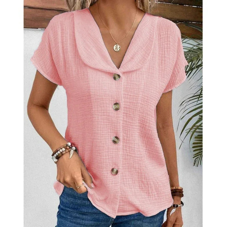 Summer Solid Color Fashion Short-sleeved Cardigan Button Women's Top - VAleG