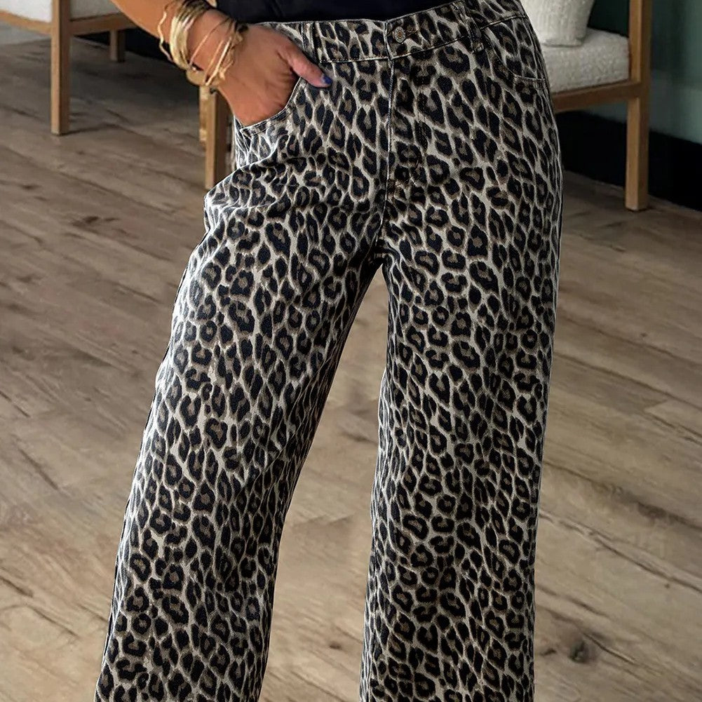 Jeans a gamba larga dritta leopardata gialla