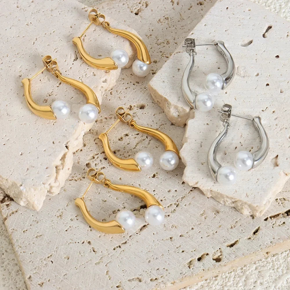 Synthetic Pearl Asymmetrical Titanium Steel Earrings - VAleG