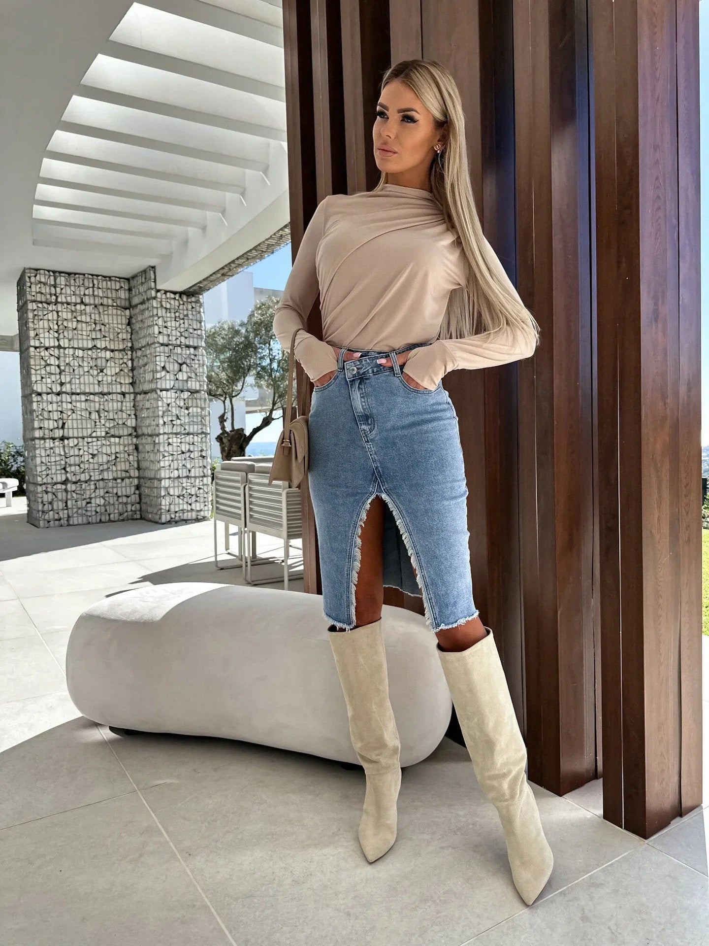 Split Fashion Casual Solid Denim Buttocks Skirt - VAleG