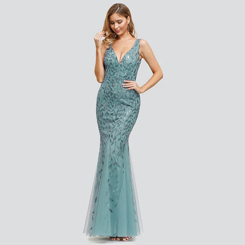 Sleeveless sequined fishtail party evening dress - VAleG