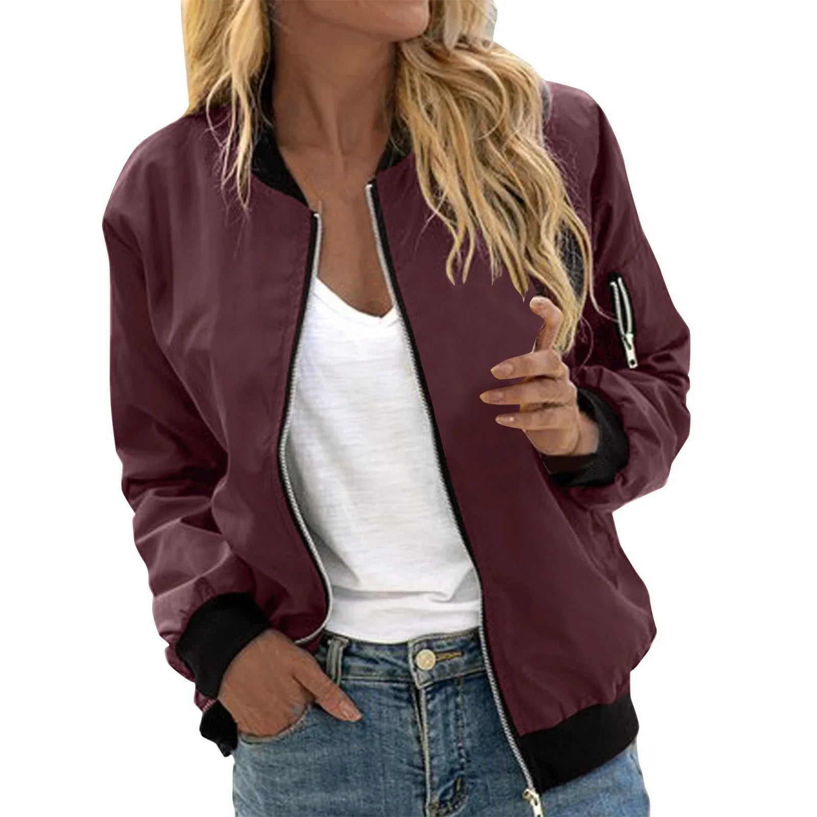 European And American Solid Color Women's Fashion Zipper Baseball Uniform - VAleG