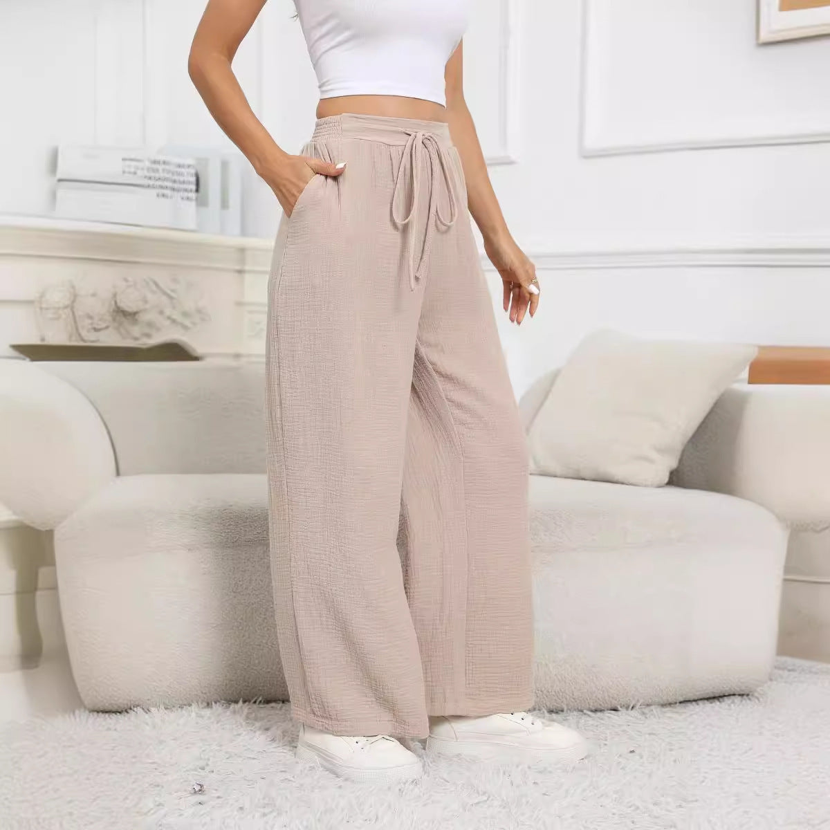 Pantaloni  Casual Con Tasche Larghi In Cotone E Lino