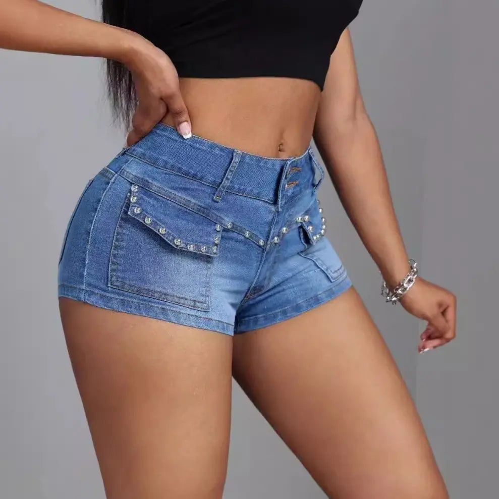 Pantaloncini di jeans medio-elastici con perline a vita media-bassa - VAleG