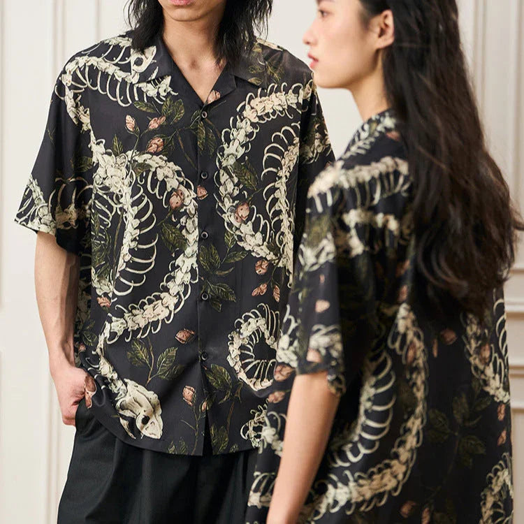 Original Designer Snake Bone Theme Pattern Printed Short Sleeve Cuban Collar Shirt - VAleG