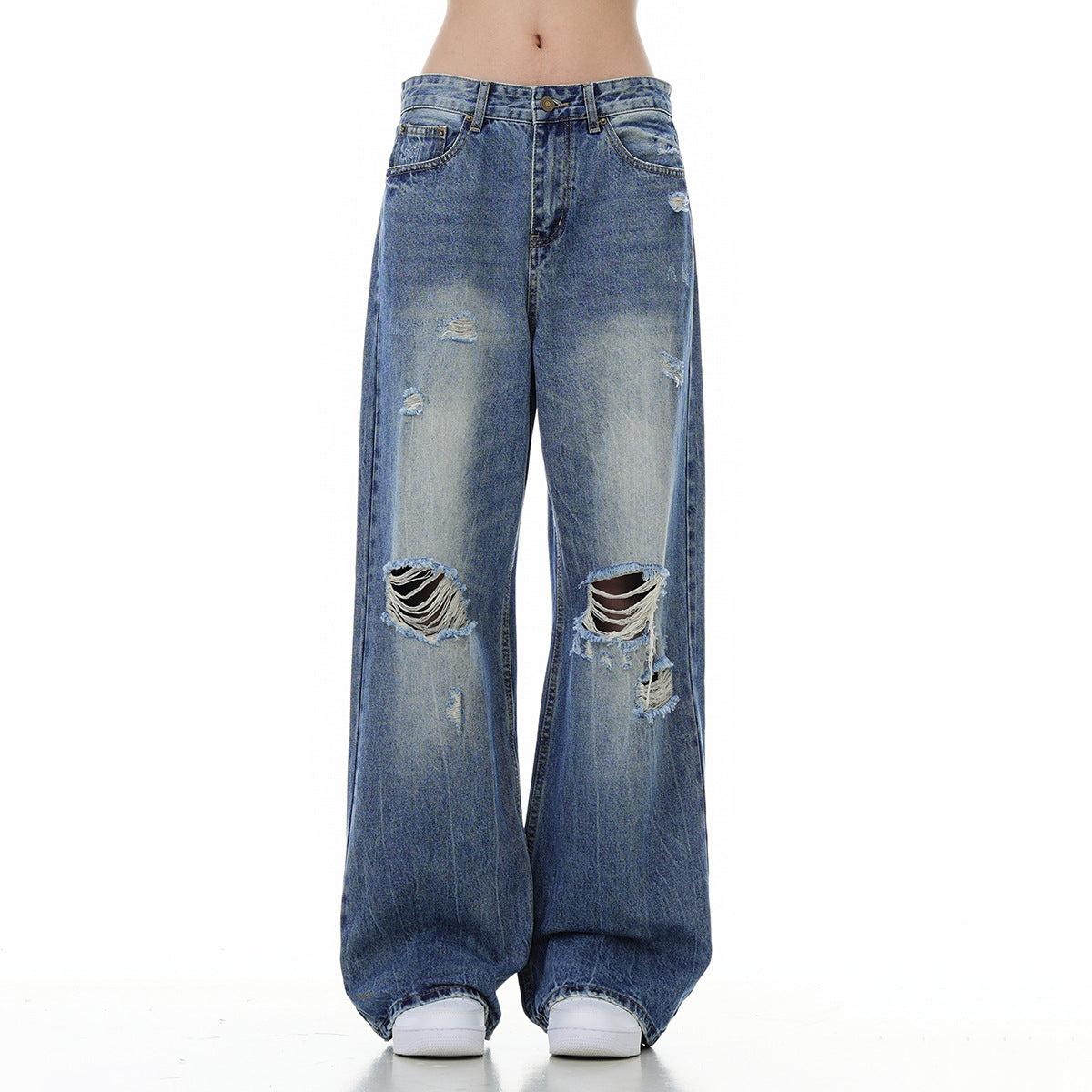 Women's Ripped Washed Blue Jeans - VAleG