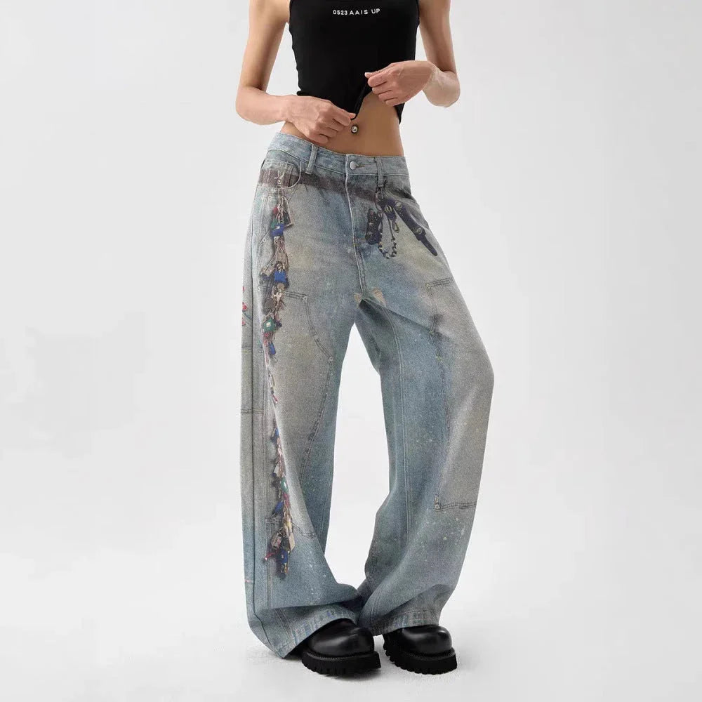 Women's American-style Retro 3D Printed Washed Wide-leg Pants - VAleG