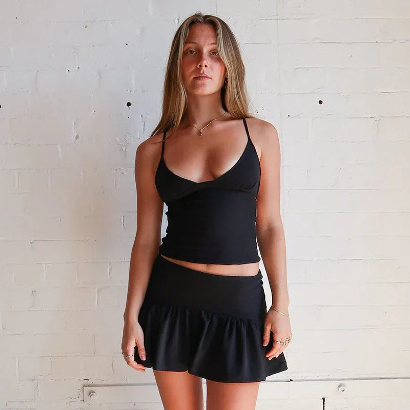 Solid Color And V-neck Hollow Out Strap Short Exercise Skirt Suit - VAleG