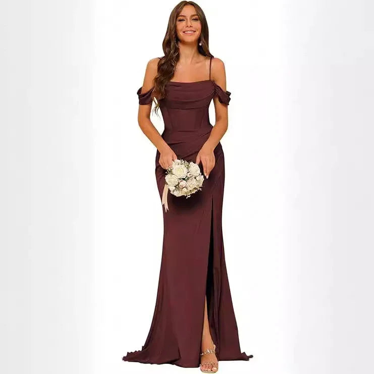 Off-the-shoulder Satin Bridesmaid Corset Ball Gown - VAleG