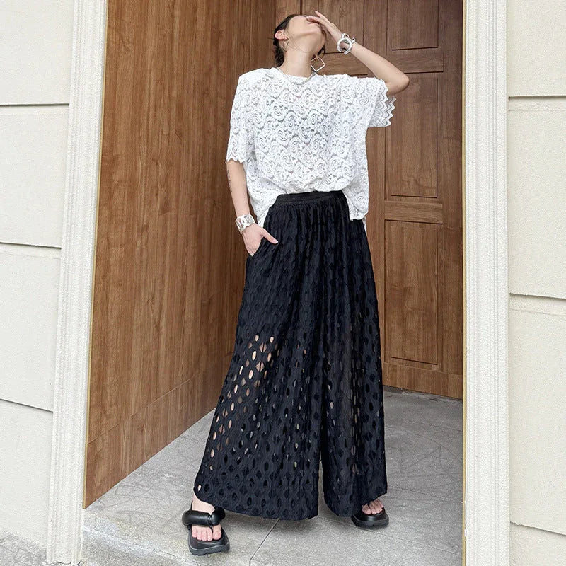 Lace Hollow-out Design Wide-leg Pants - VAleG