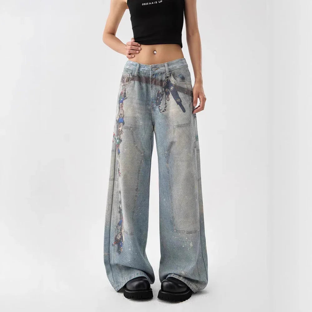 Women's American-style Retro 3D Printed Washed Wide-leg Pants - VAleG