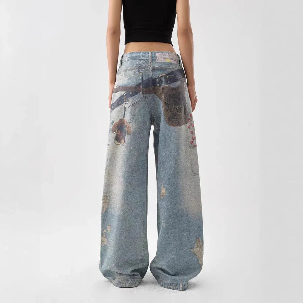 Women's American-style Retro 3D Printed Washed Wide-leg Pants - VAleG