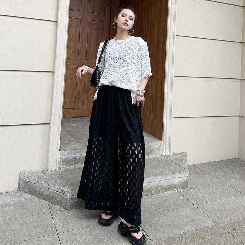 Lace Hollow-out Design Wide-leg Pants - VAleG