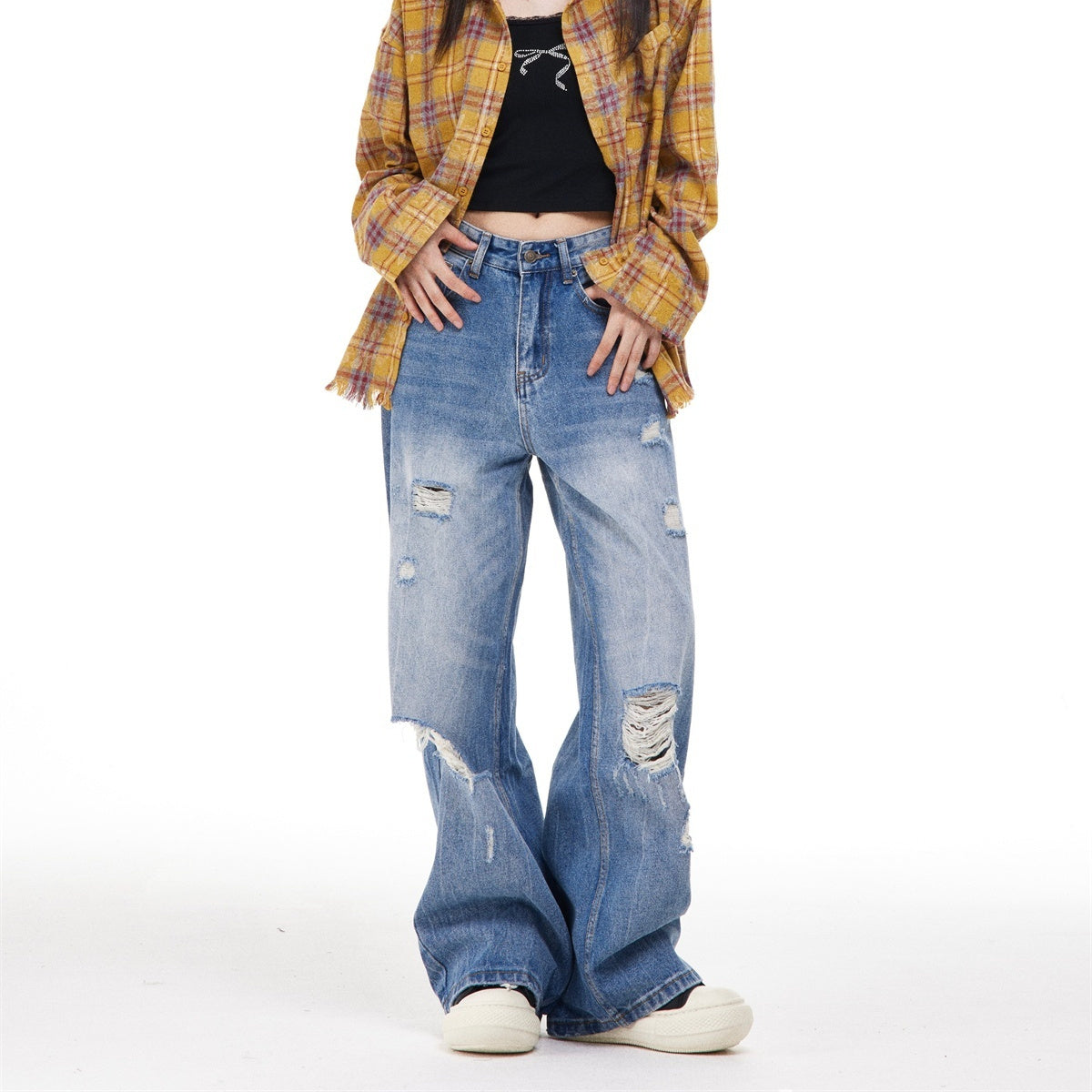 Women's Ripped Washed Blue Jeans - VAleG