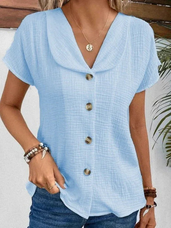 Summer Solid Color Fashion Short-sleeved Cardigan Button Women's Top - VAleG