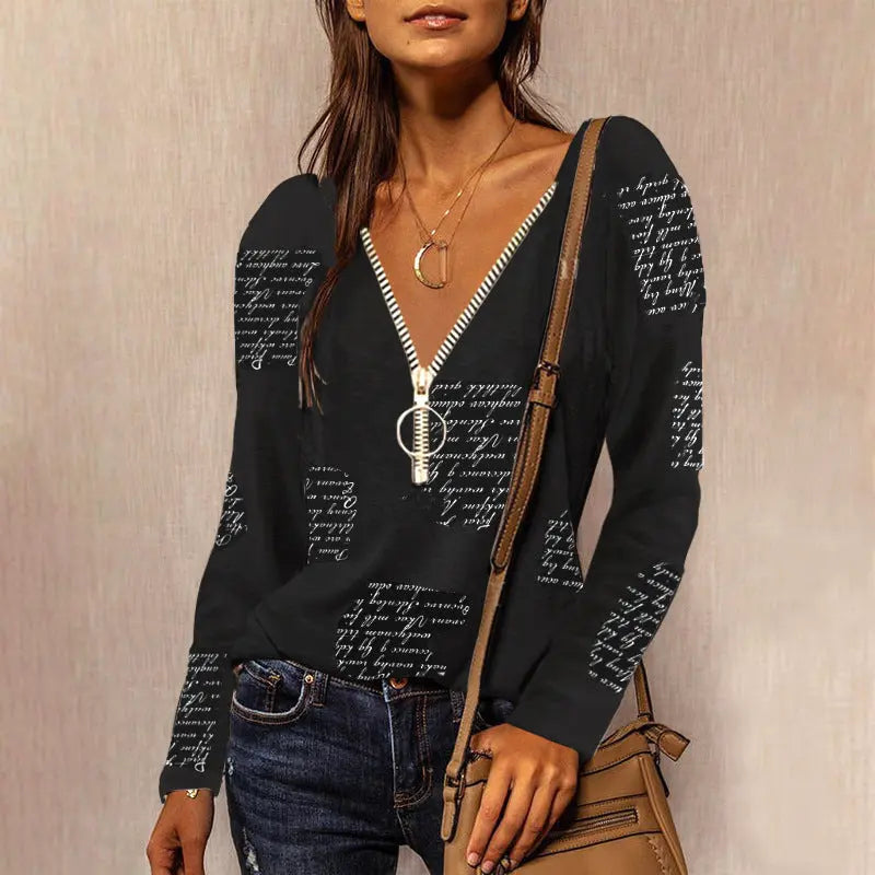 Top casual a maniche lunghe con stampa inglese e cerniera VAleG