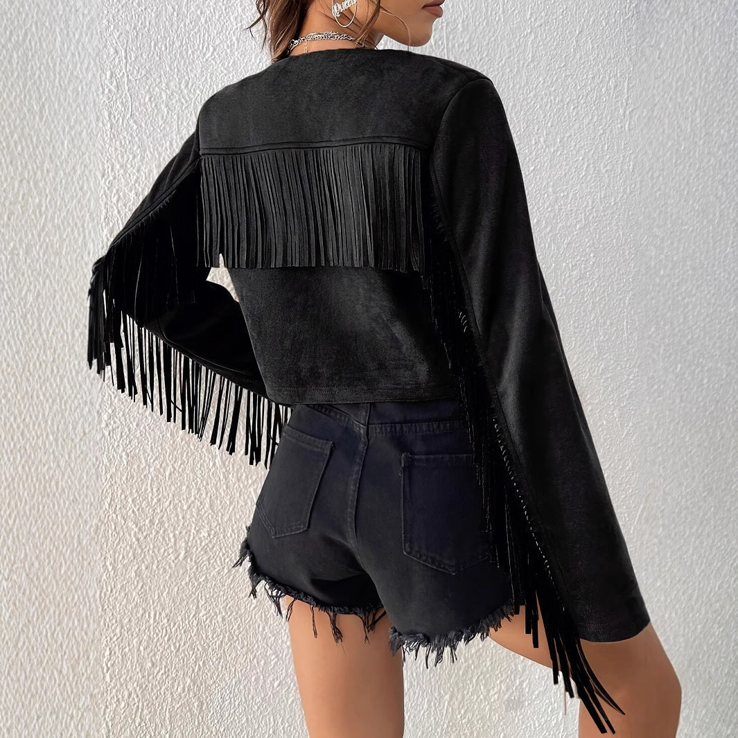 Women's Fashion Solid Color Tassel Rivet Design Front Open Short Jacket - VAleG