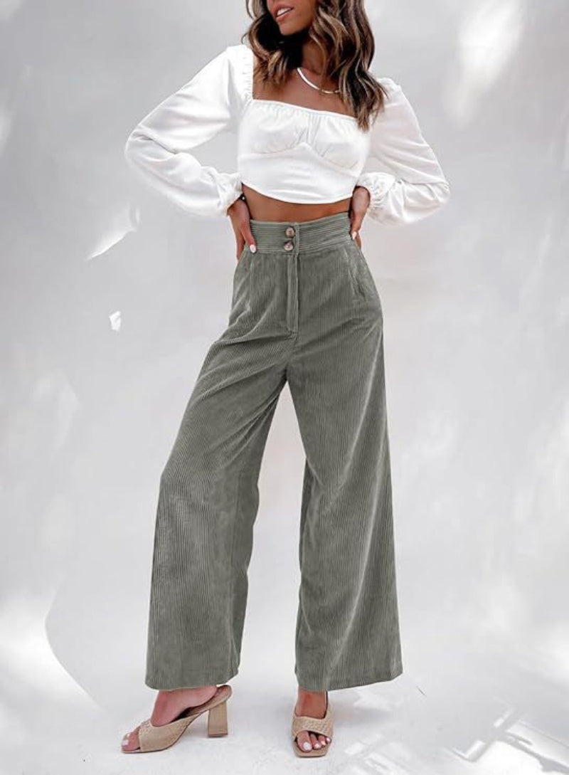 Pantaloni casual elasticizzati a doppio bottone in velluto a coste da donna