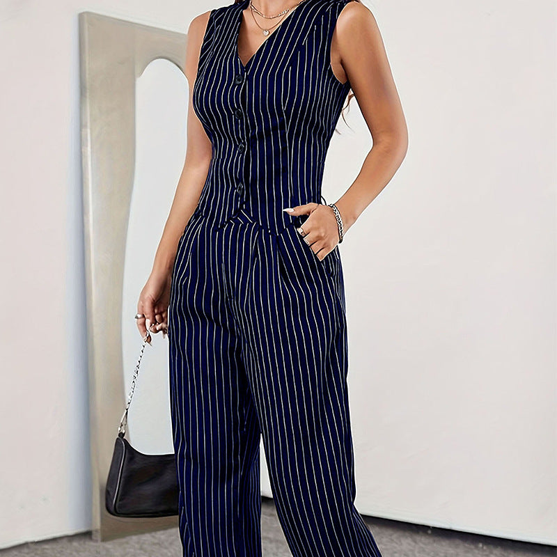 Completo - Gilet casual a righe con bottoni, pantaloni larghi e gamba larga