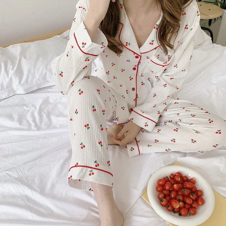 Cotton Yarn Hemming Long-sleeved Trousers Homewear Pajamas Suit - VAleG
