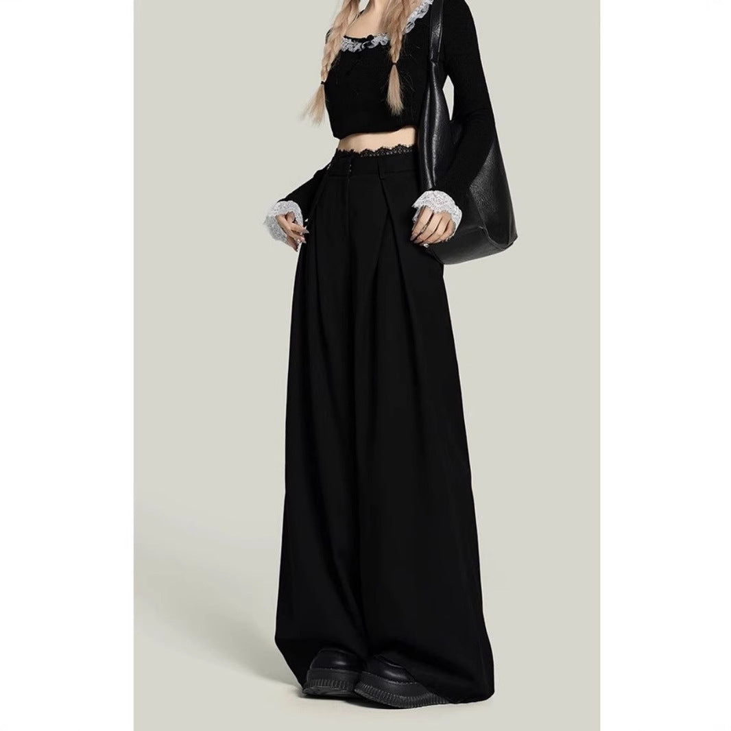 Pantaloni casual a gamba larga con cuciture in pizzo nero da donna