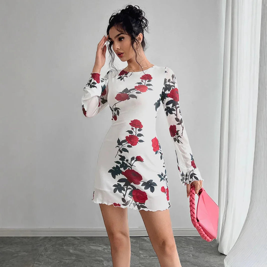 Sexy Floral Backless Gauzy Bell Sleeve Mini Dress - VAleG