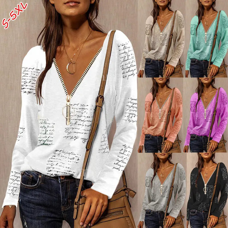 Top casual a maniche lunghe con stampa inglese e cerniera VAleG