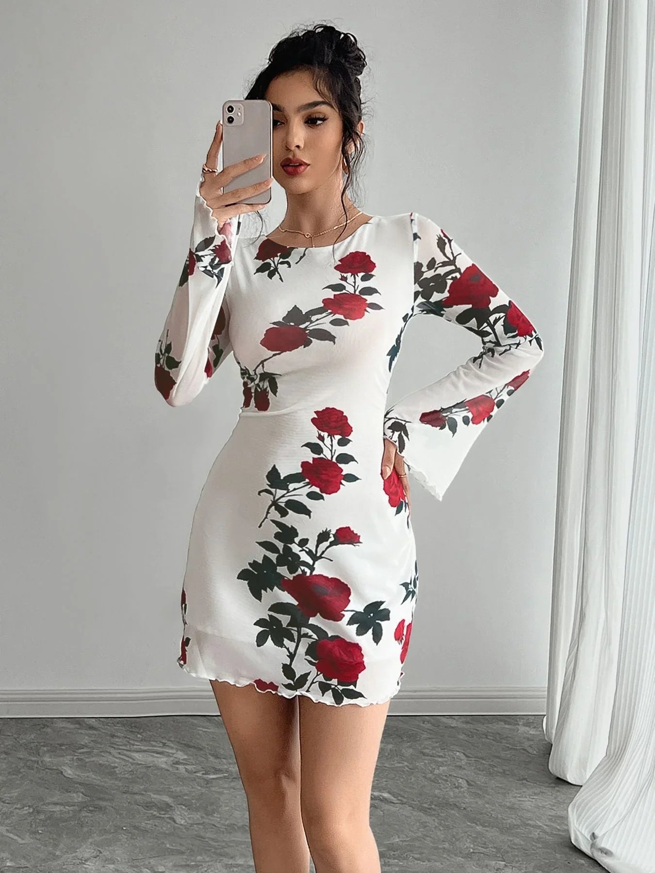 Sexy Floral Backless Gauzy Bell Sleeve Mini Dress - VAleG
