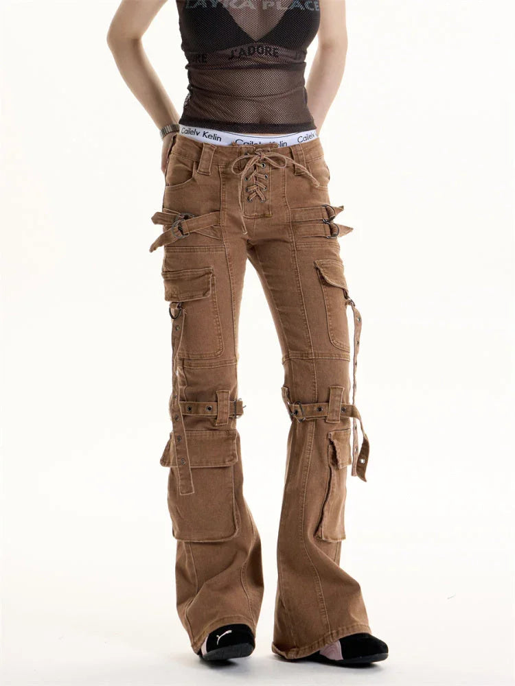 Retro Hot Girl Brown Cargo Jeans Women - VAleG
