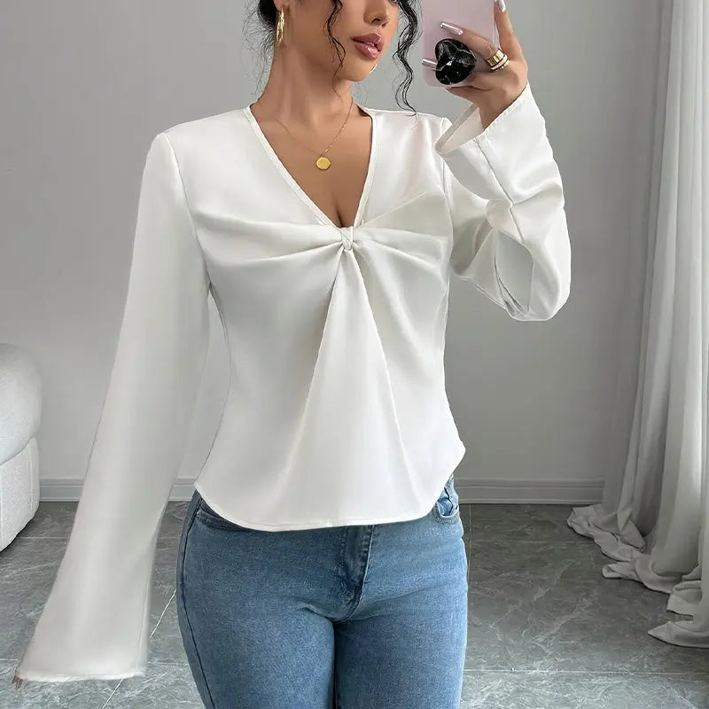 Elegante camicia da donna in tinta unita con scollo a V e maniche svasate - VAleG