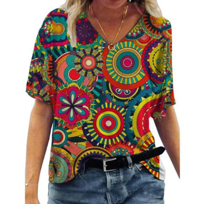 Oversized Loose V-neck Printed Short-sleeved T-shirt - VAleG