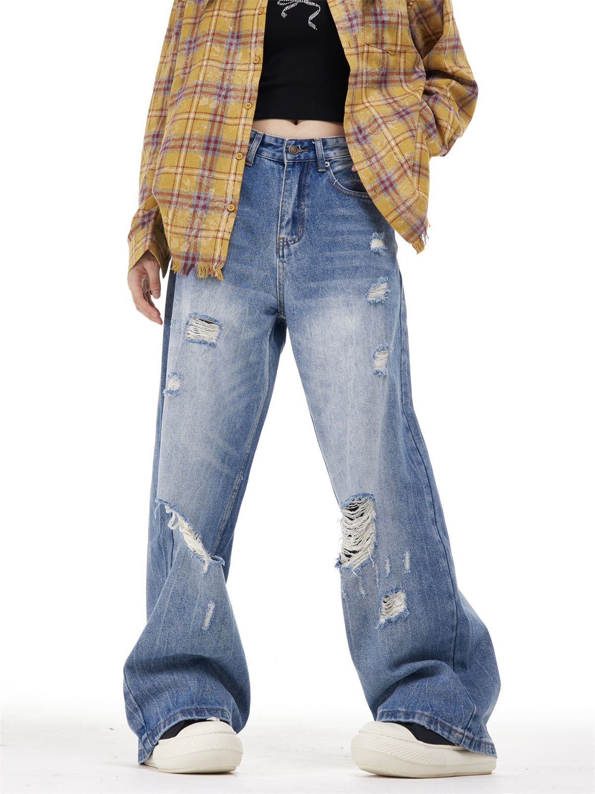 Women's Ripped Washed Blue Jeans - VAleG