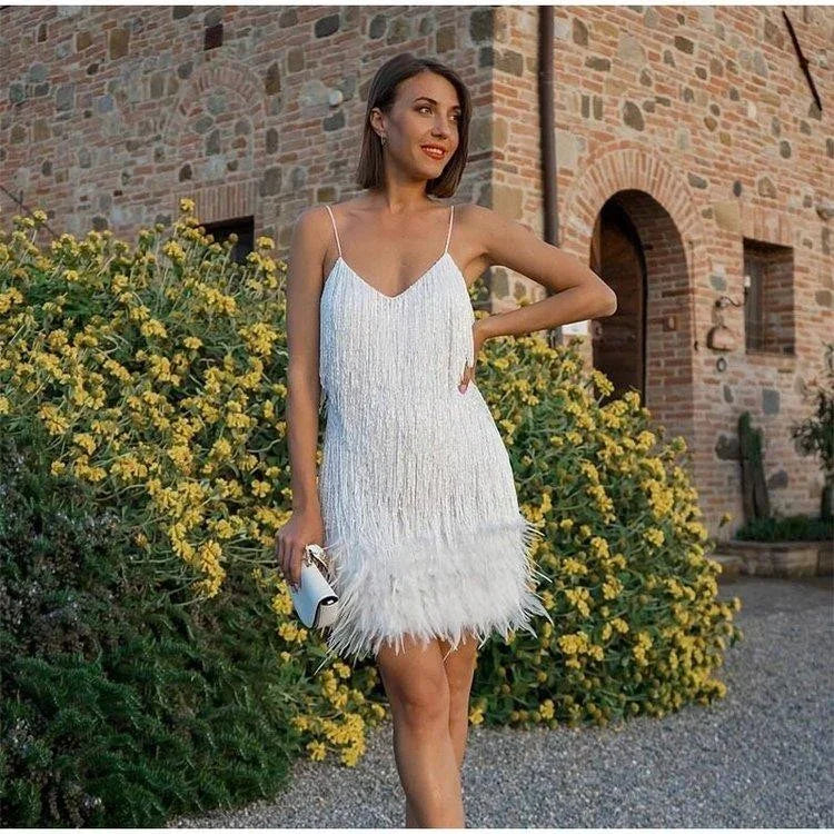 Sexy Tassel Sequins Feather Summer Mini Dress Women V Neck Spaghetti Strap Stitching Dresses Female Elegant Evening Party Club Dress - VAleG