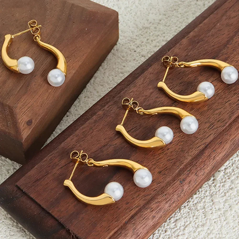 Synthetic Pearl Asymmetrical Titanium Steel Earrings - VAleG