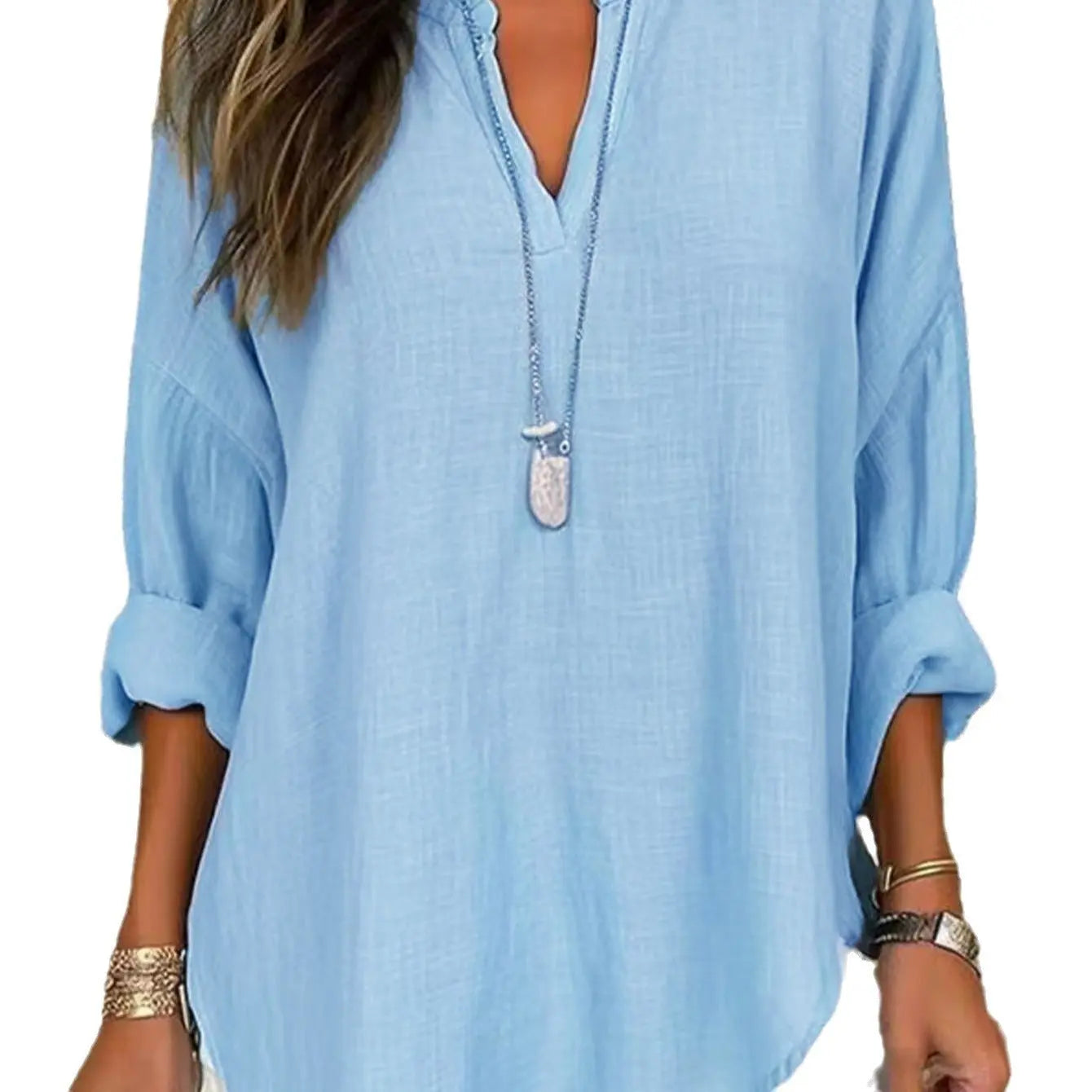 Camicia casual da donna in cotone e lino tinta unita con scollo a V VAleG