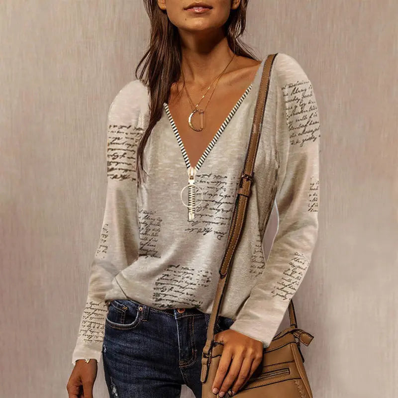 Top casual a maniche lunghe con stampa inglese e cerniera VAleG
