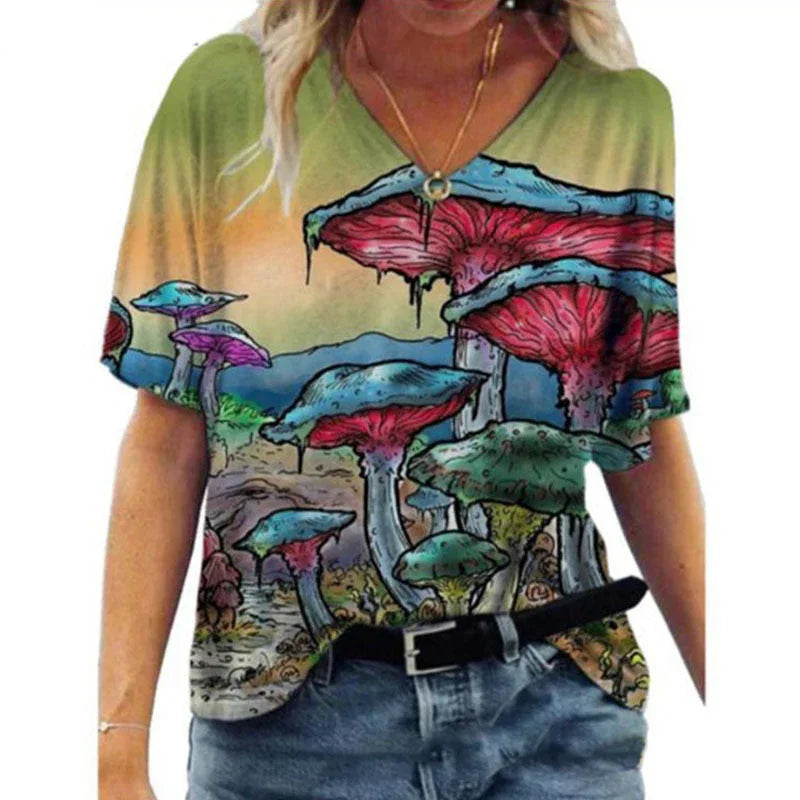 Oversized Loose V-neck Printed Short-sleeved T-shirt - VAleG