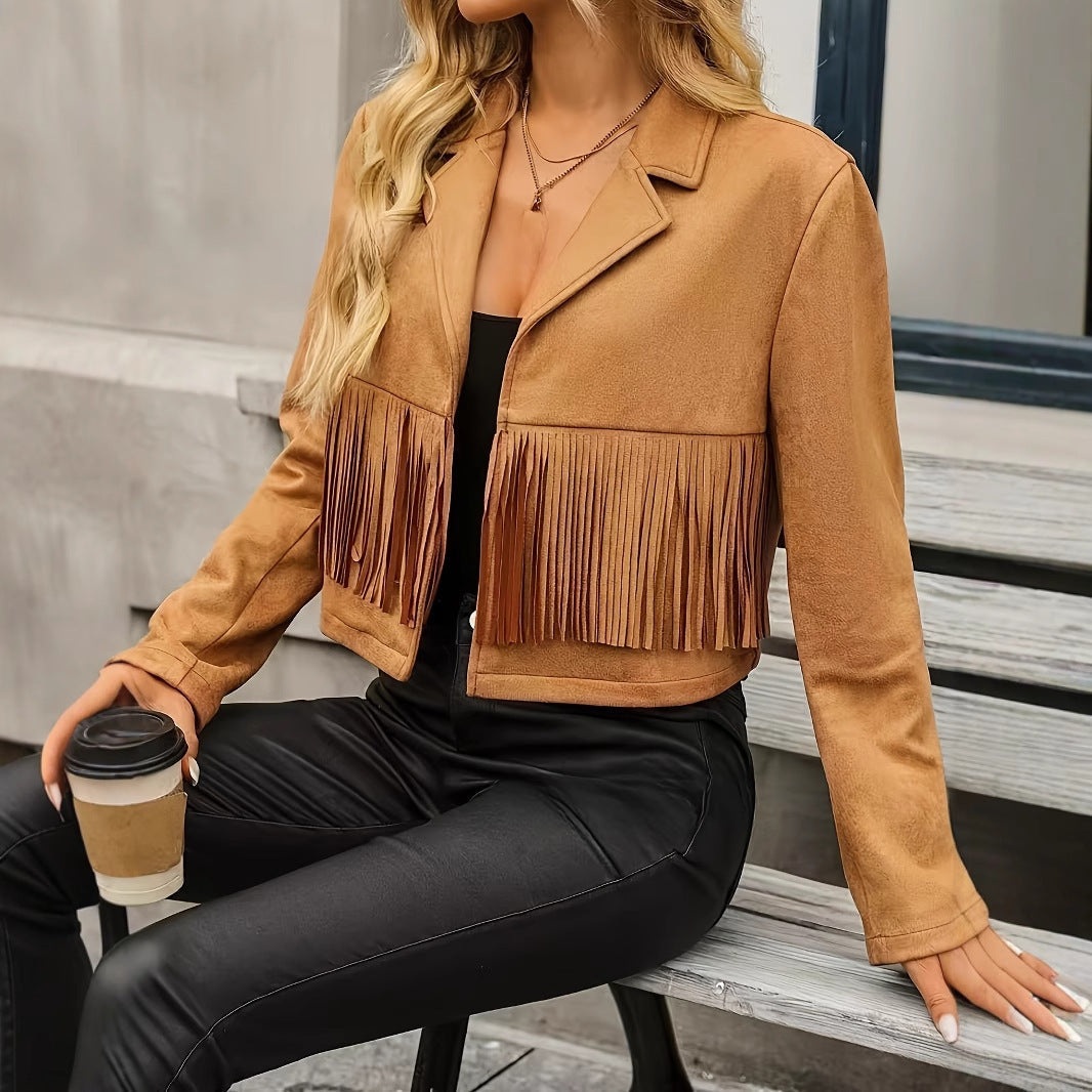 Women's Fashionable Suit Collar Long Sleeved Western Style Short Tassel Jacket - VAleG