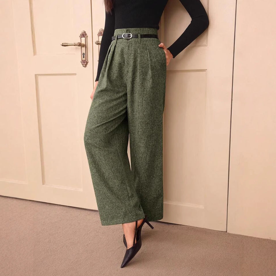 Pantaloni a gamba dritta in misto lino a vita alta vintage casual